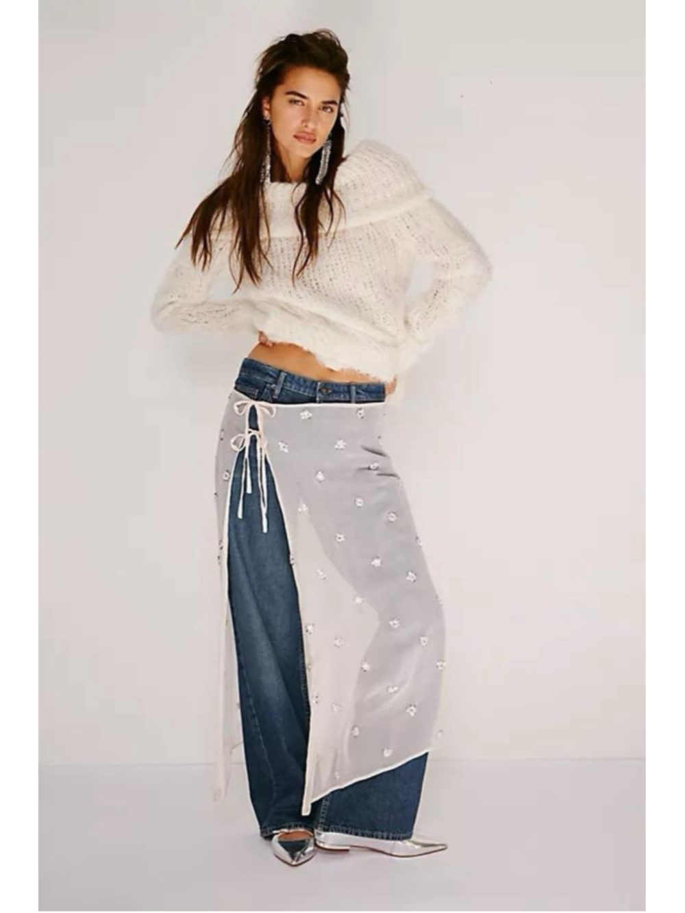 Free People Beaded Embellished Apron Sarong White One Size Sheer Cover Up Vacay - Picture 12 of 13